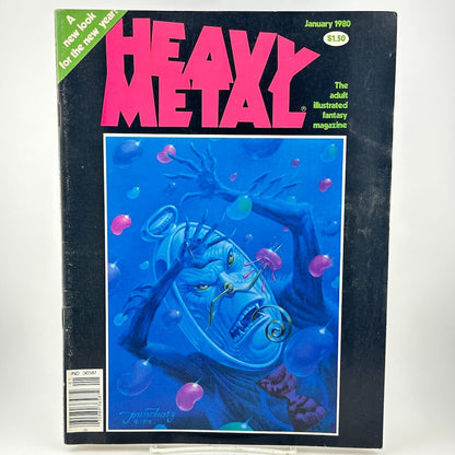 "Heavy Metal" magazine cover of anthropomorphized clock face trying to. shield himself from projectiles. 