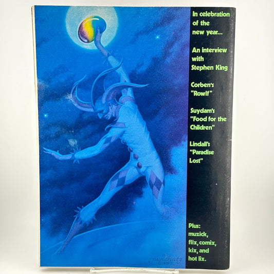 Back cover of magazine with jester figure holding orb aloft, with text along right side of featured contents. 