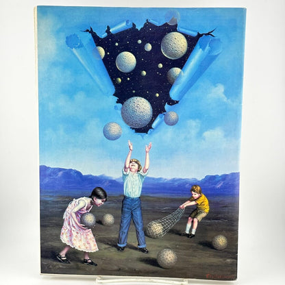 Back cover of magazine with children playing with balls falling from fractured sky. 
