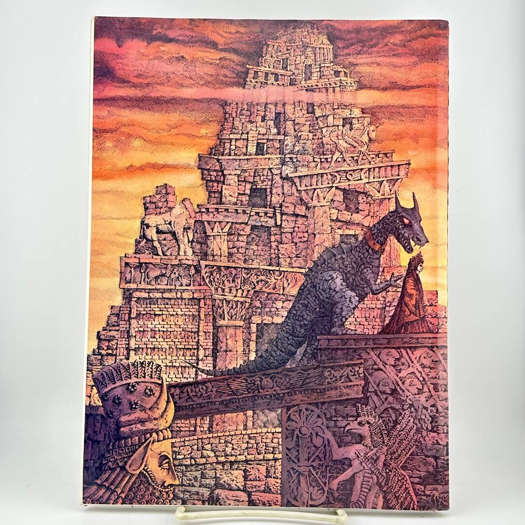 Back cover of magazine with ruin landscape and dragon creature following a woman. 