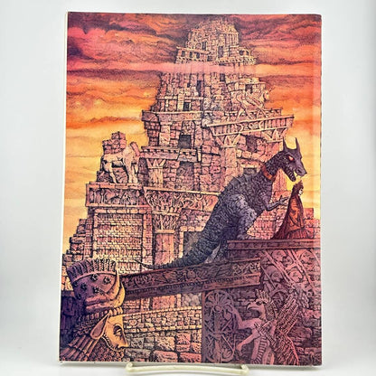 Back cover of magazine with ruin landscape and dragon creature following a woman. 