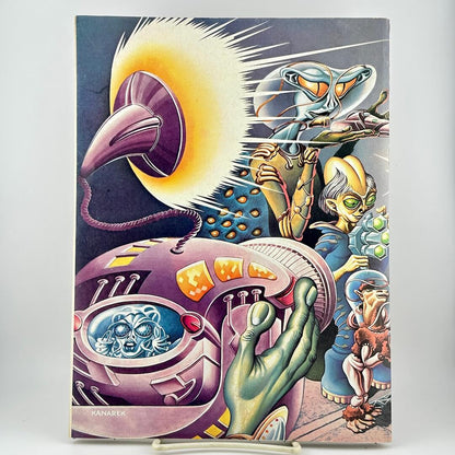 Back cover with colorful sci-fi illustration of alien characters, a purple robotic head, and a yellow burst of light. 