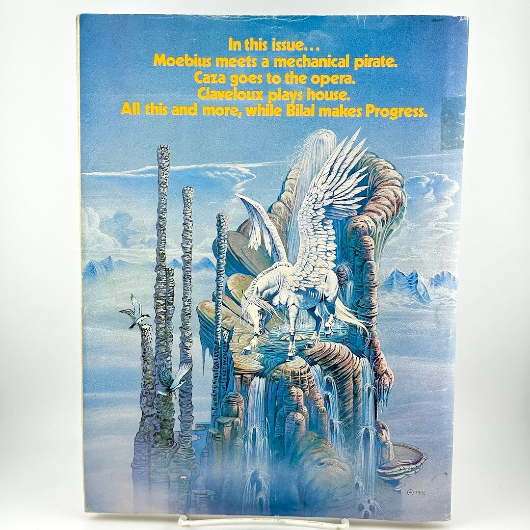 Back cover of magazine with illustration of pegasus on mountain top. 