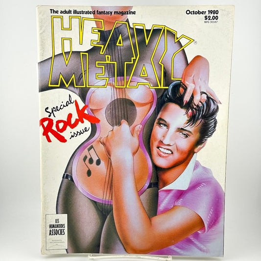 "Heavy Metal" magazine cover with illustration of Elvis playing woman's body as upright guitar. 
