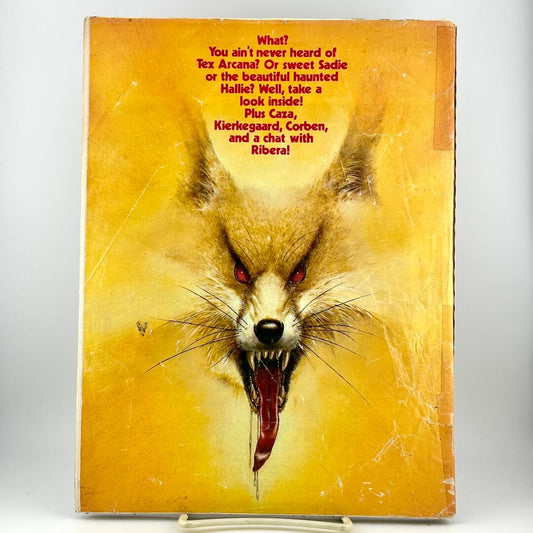 Back cover of magazine with yellow animal face under list of content highlights. 