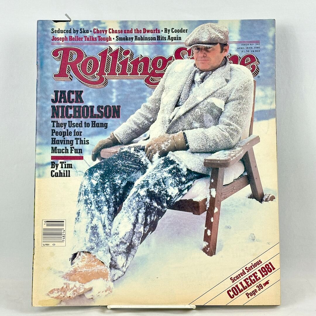 A vintage issue of Rolling Stone magazine featuring a snowy cover photo of actor Jack Nicholson. 