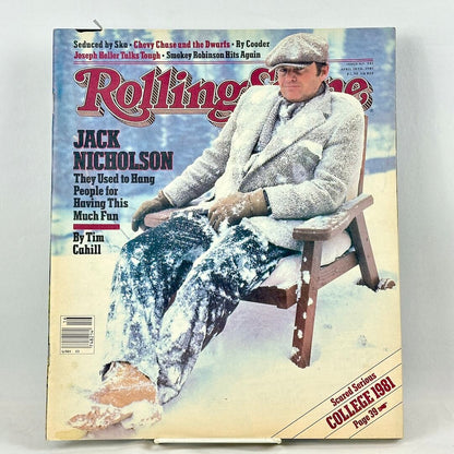 A vintage issue of Rolling Stone magazine featuring a snowy cover photo of actor Jack Nicholson. 
