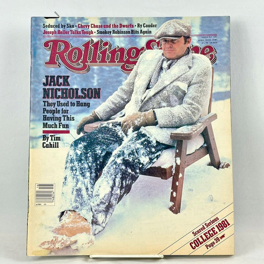 A vintage issue of Rolling Stone magazine featuring a snowy cover photo of actor Jack Nicholson. 