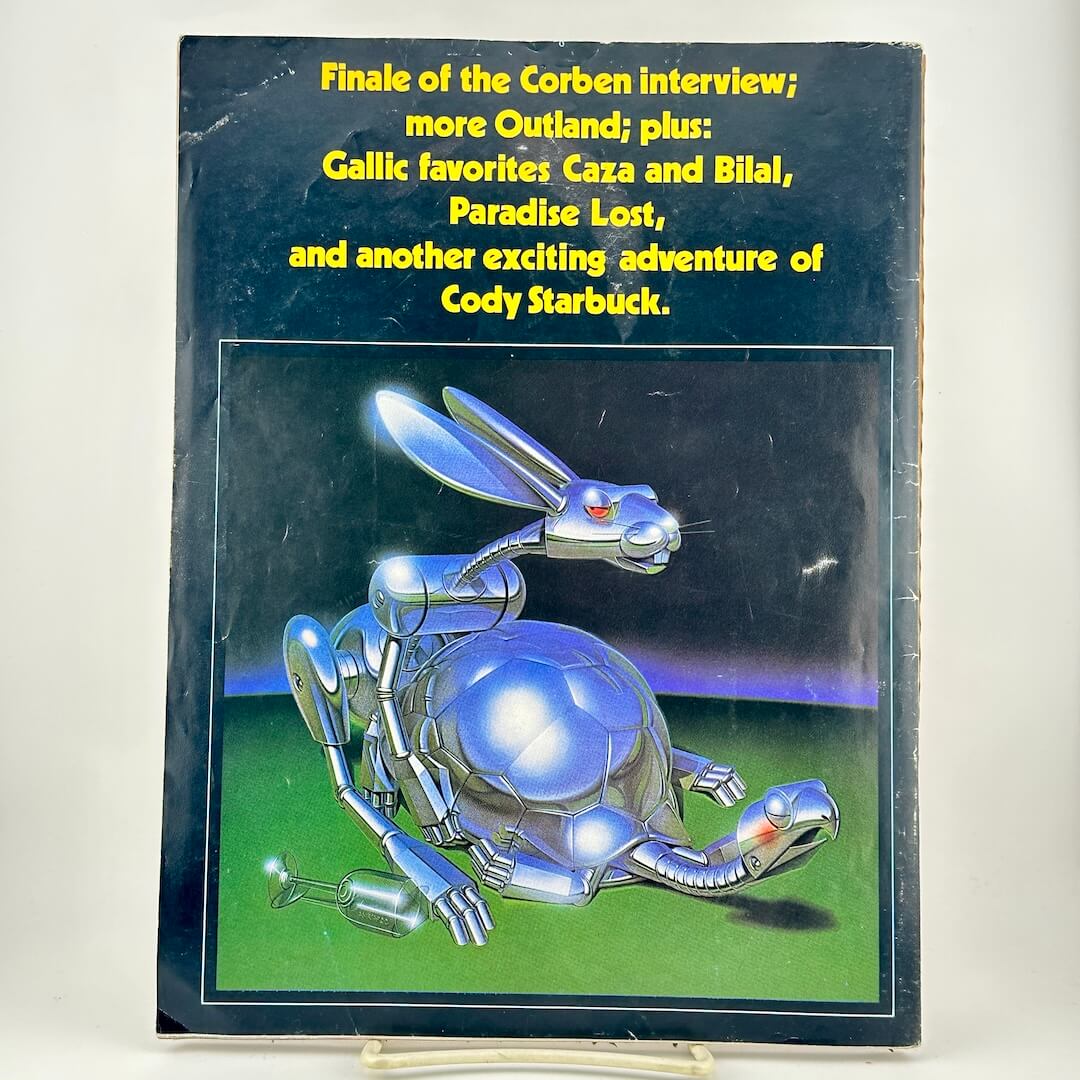 Back cover of magazine with list of contents highlights above illustration of two mechanical animals. 