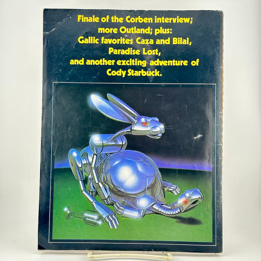 Back cover of magazine with list of contents highlights above illustration of two mechanical animals. 