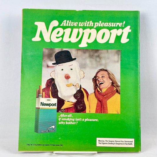 Vintage Newport cigarette ad on back magazine cover from 1981, featuring woman and snowman. 