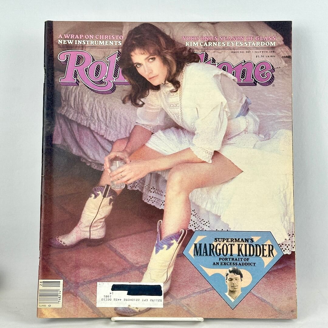 A vintage issue of Rolling Stone magazine featuring Margot Kidder on the cover.