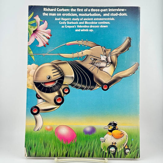 Back cover of magazine with list of contents highlights above a cyborg style rabbit leaping. 