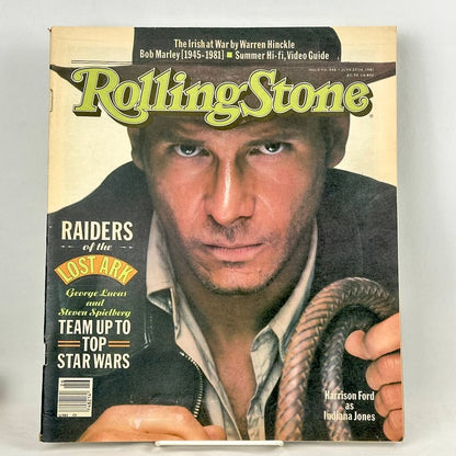 A vintage issue of Rolling Stone magazine featuring Harrison Ford as Indiana Jones on the cover.