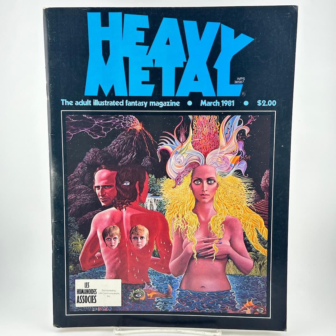 "Heavy Metal" magazine cover with artistic illustration of man and woman in pool of water with artistic elements. 