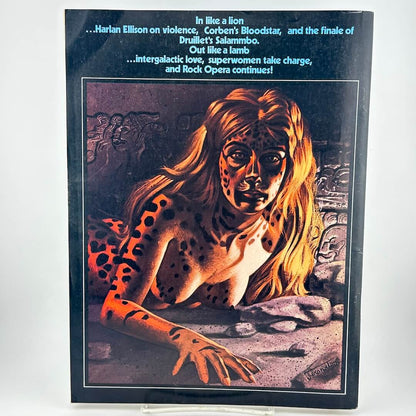 Back cover of magazine with list of highlighted content above illustration of cheetah-woman hybrid. 