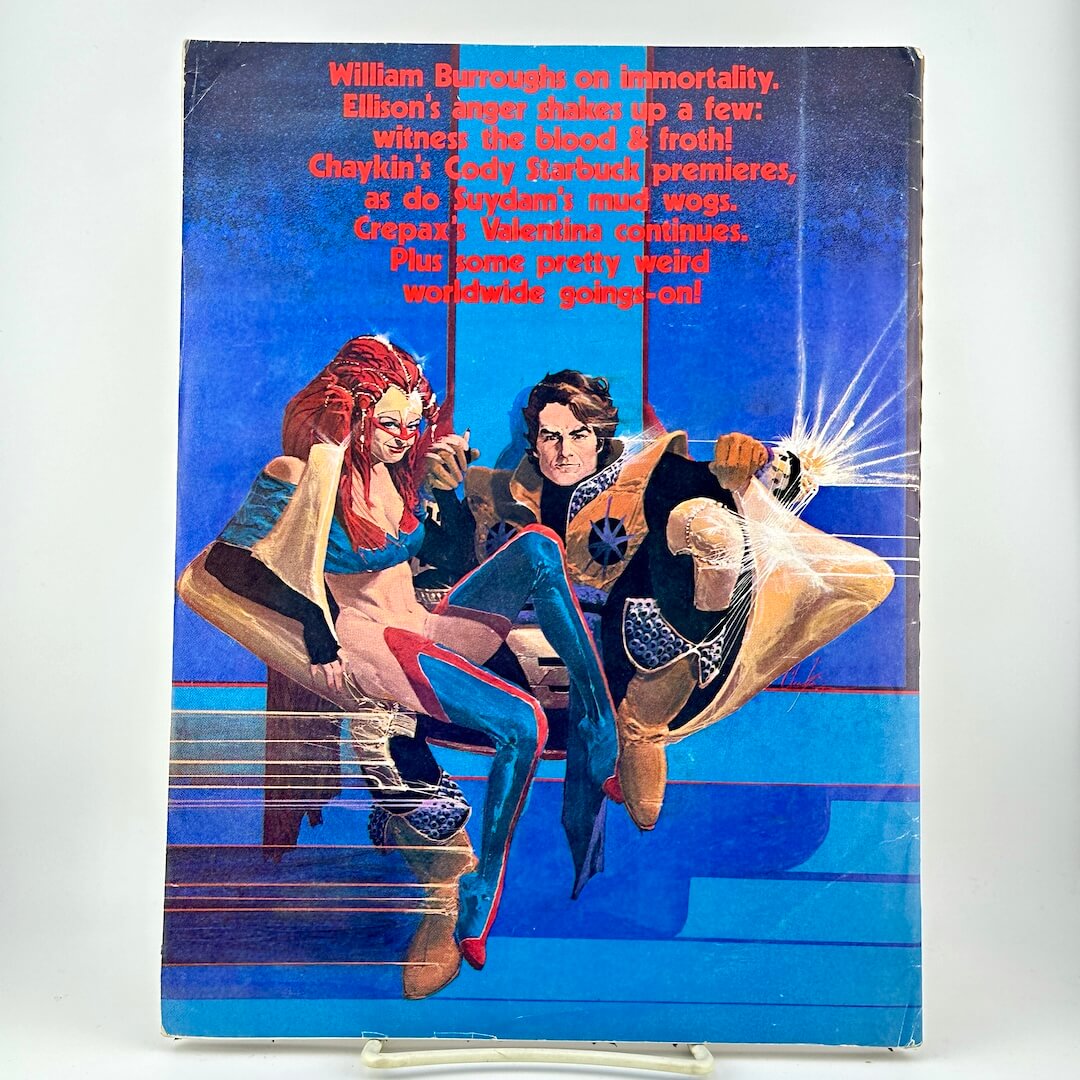 Back cover of magazine with list of content highlights above illustration of man and woman in futuristic clothes. 