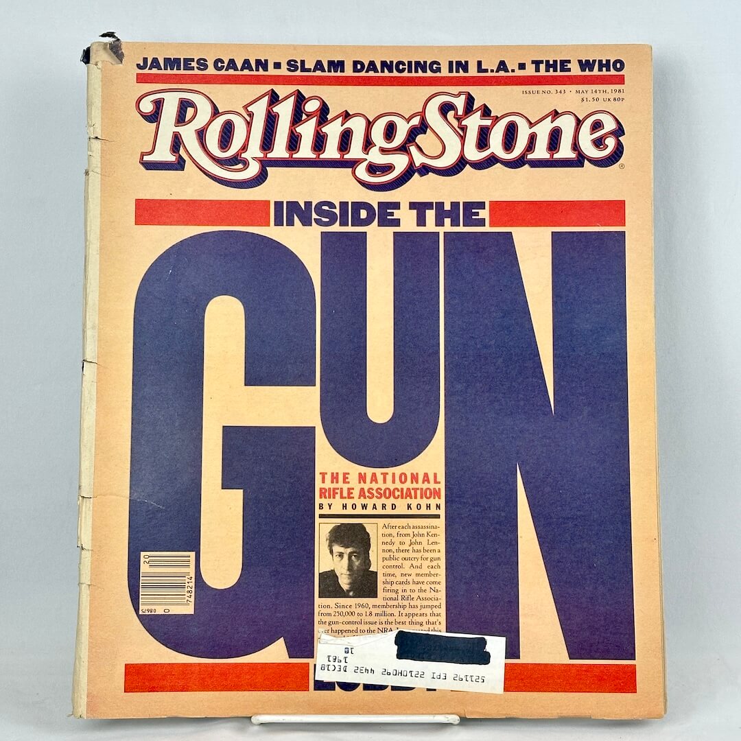 A vintage issue of Rolling Stone magazine, titled 'Inside the Gun', featuring a beige cover with large blue and red typography.
