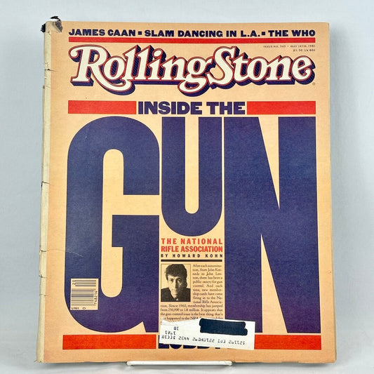 A vintage issue of Rolling Stone magazine, titled 'Inside the Gun', featuring a beige cover with large blue and red typography.
