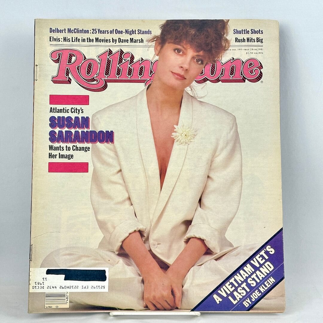 Vintage Rolling Stone magazine with cover featuring Susan Sarandon sitting cross-legged wearing white. 