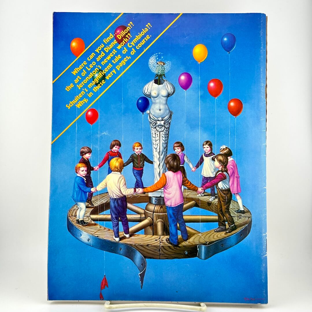 Back cover of magazine with ring of children playing around a statue and list of contents highlights