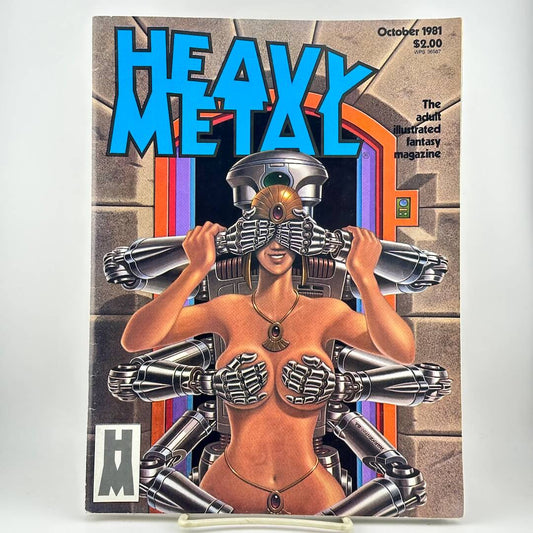 Heavy Metal magazine featuring cover art of a nude woman with robotic arms and a metal visor over her eyes.