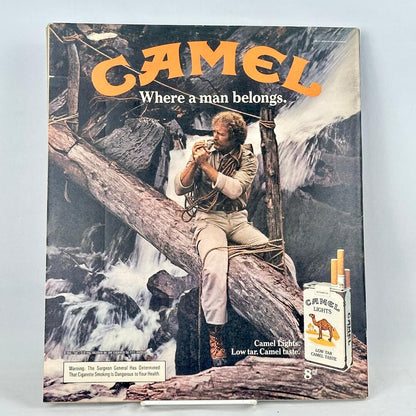 Vintage Camel cigarette ad artwork showing a man sitting on a fallen log near a waterfall.