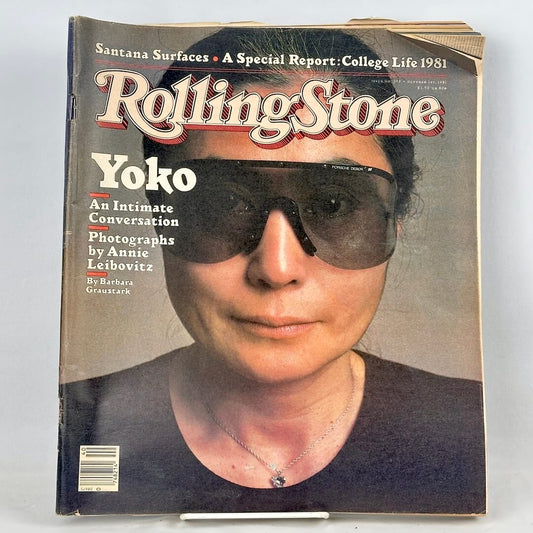 A vintage Rolling Stone magazine cover from 1981 featuring a portrait of Yoko Ono wearing oversized dark sunglasses. 