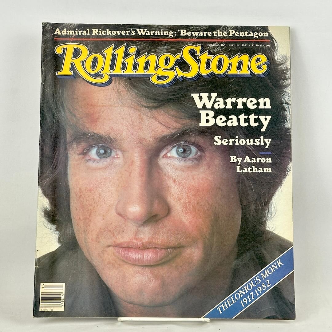 A vintage Rolling Stone magazine cover featuring a close-up portrait of Warren Beatty.