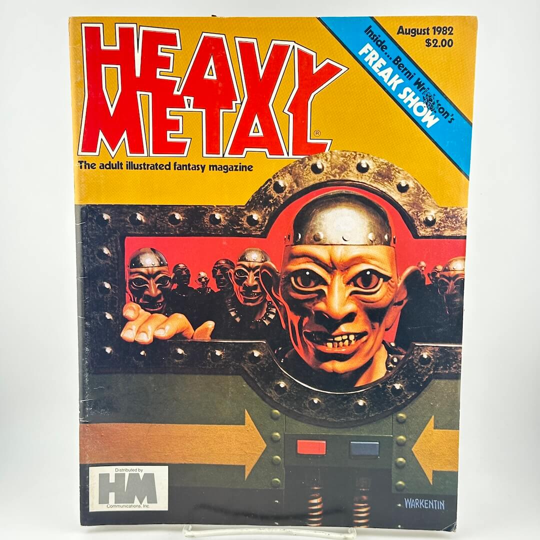 "Heavy Metal" magazine cover with illustration of alien men-like creatures staring through opening. 