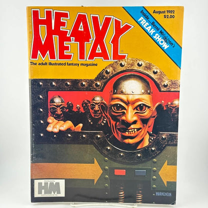 "Heavy Metal" magazine cover with illustration of alien men-like creatures staring through opening. 