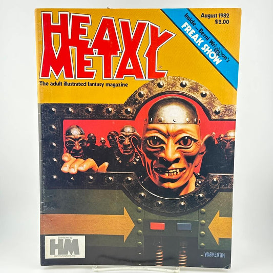 "Heavy Metal" magazine cover with illustration of alien men-like creatures staring through opening. 