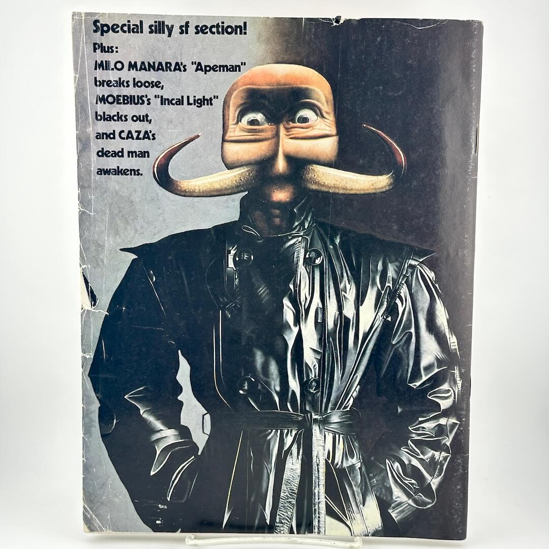 Back cover of magazine with illustration of person with horns for mustache next to blurb about contents. 