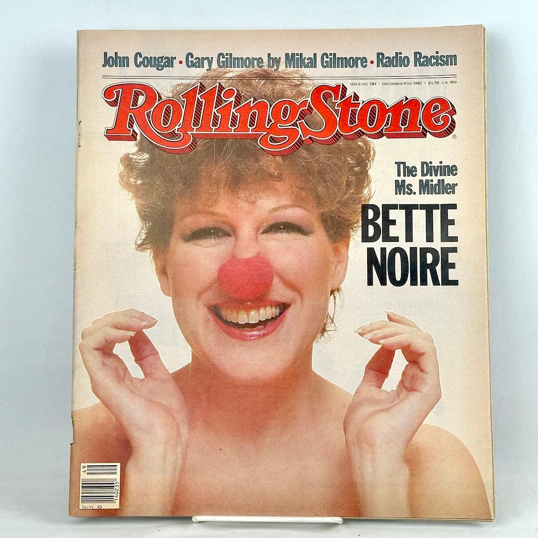 A vintage Rolling Stone magazine cover featuring a smiling woman with a red clown nose and the headline 'BETTE NOIRE.' 