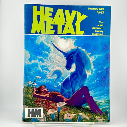 Heavy Metal magazine, featuring a vibrant cover illustration of a blue unicorn and a reclining woman in a grassy field.