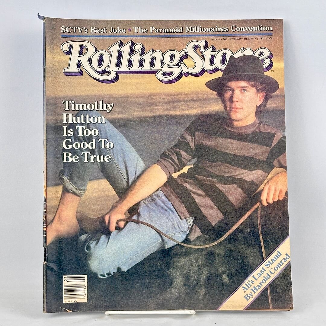 A vintage Rolling Stone magazine cover featuring a photo of Timothy Hutton wearing a hat and striped shirt. 