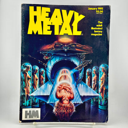 A vintage copy of Heavy Metal magazine, featuring a dark sci-fi cover illustration with a large yellow title and a central futuristic scene.
