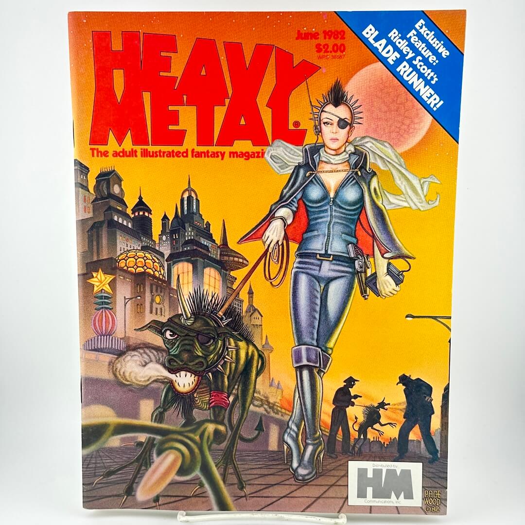 "Heavy Metal" magazine cover with futuristic woman walking smoking dog down street. 