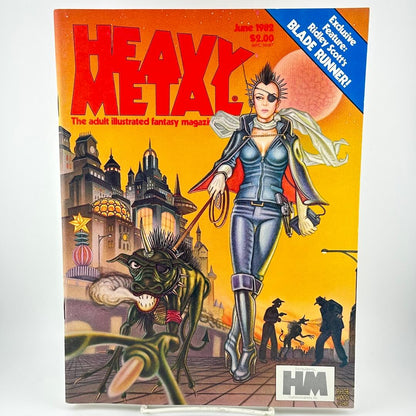 "Heavy Metal" magazine cover with futuristic woman walking smoking dog down street. 