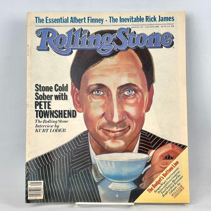 A vintage Rolling Stone magazine cover featuring a painted portrait of Pete Townshend holding a teacup.