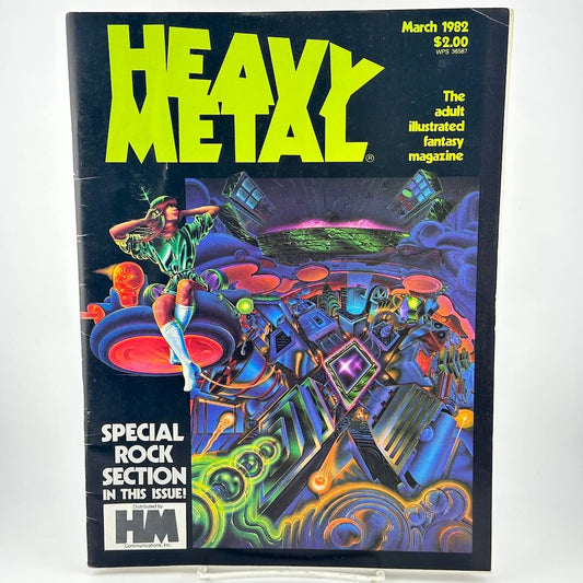 "Heavy Metal" magazine cover with woman in futuristic outfit floating above futuristic landscape. 
