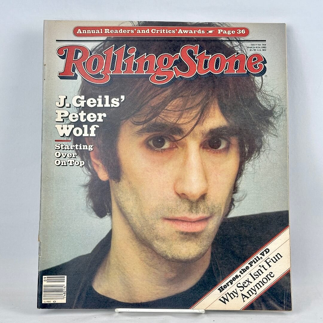 A vintage issue of Rolling Stone magazine with close portrait of Peter Wolf. 
