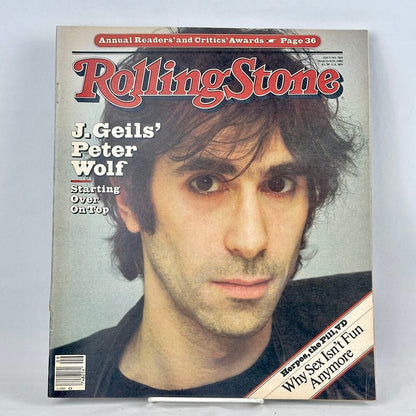 A vintage issue of Rolling Stone magazine with close portrait of Peter Wolf. 