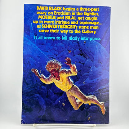 Back cover of magazine with illustration of man falling down cavern under highlights of the issue. 