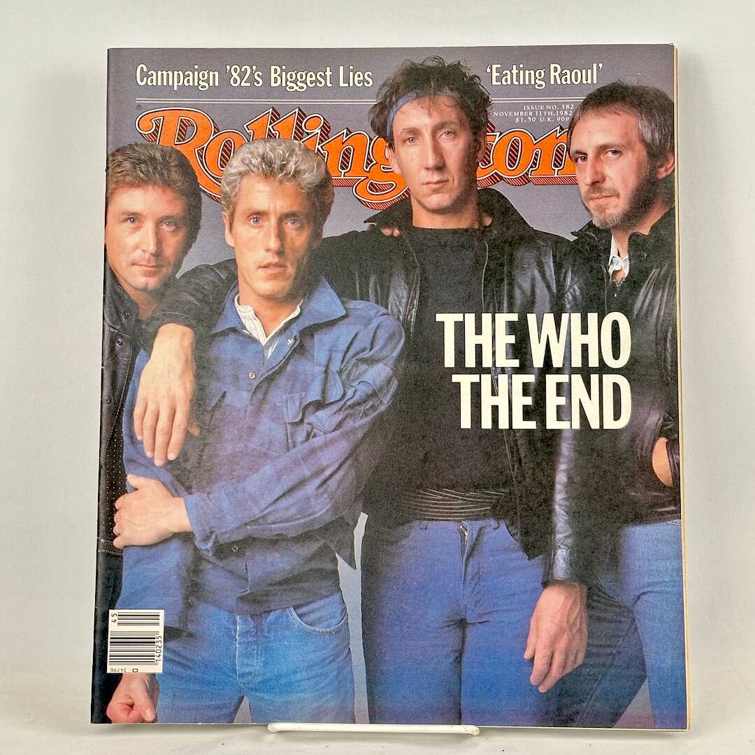 A vintage Rolling Stone magazine cover featuring the band The Who with the text 'THE WHO THE END' on the front.