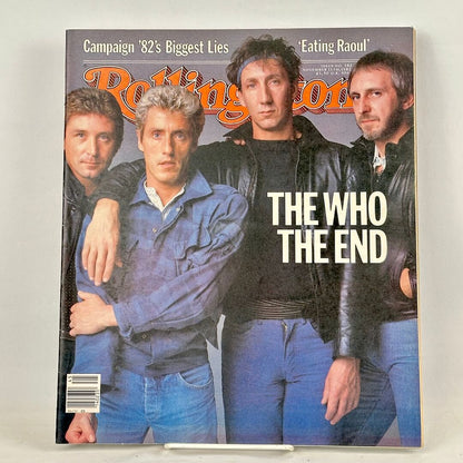 A vintage Rolling Stone magazine cover featuring the band The Who with the text 'THE WHO THE END' on the front.