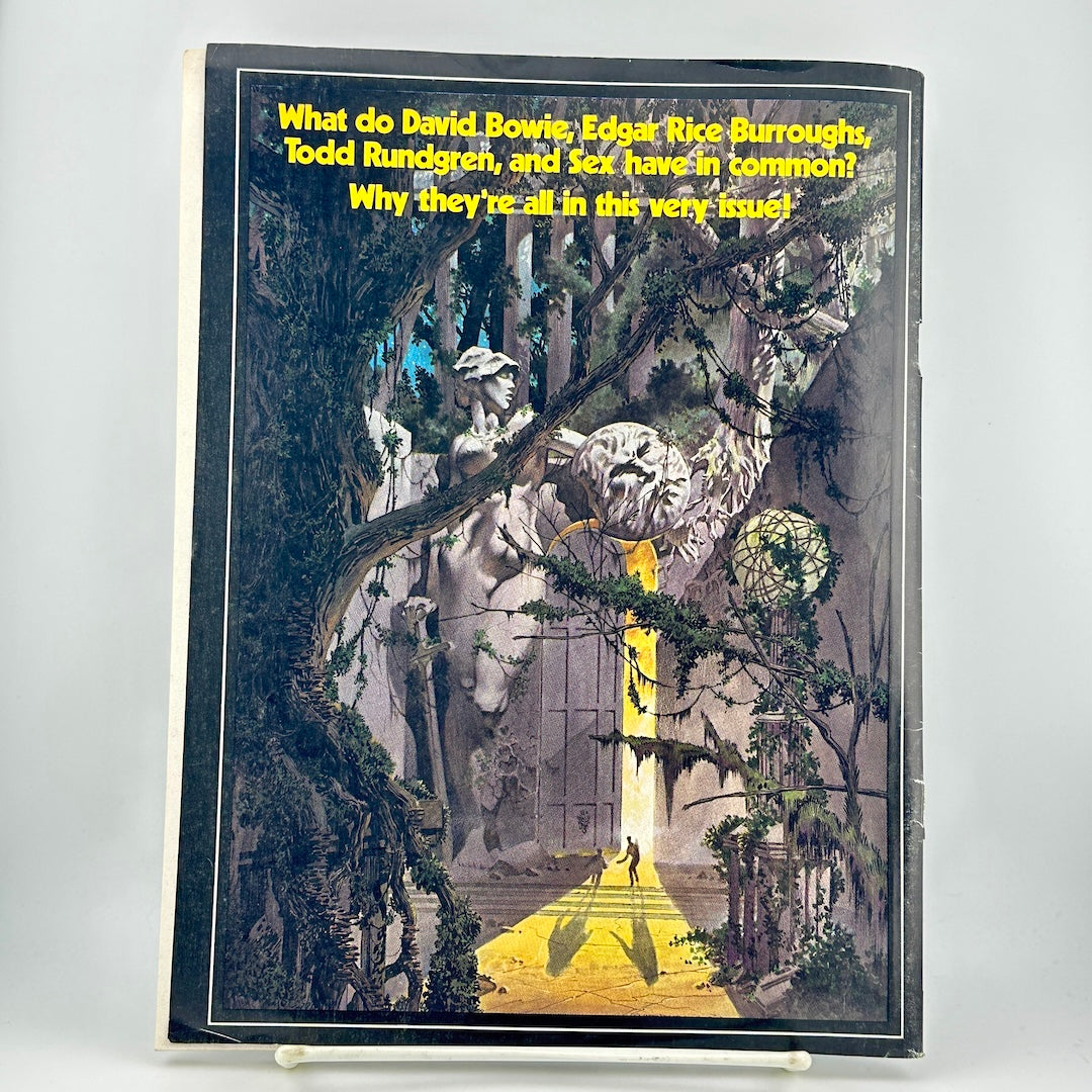 Back cover of magazine with headline at top in yellow, and dystopian scene below. 