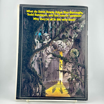 Back cover of magazine with headline at top in yellow, and dystopian scene below. 