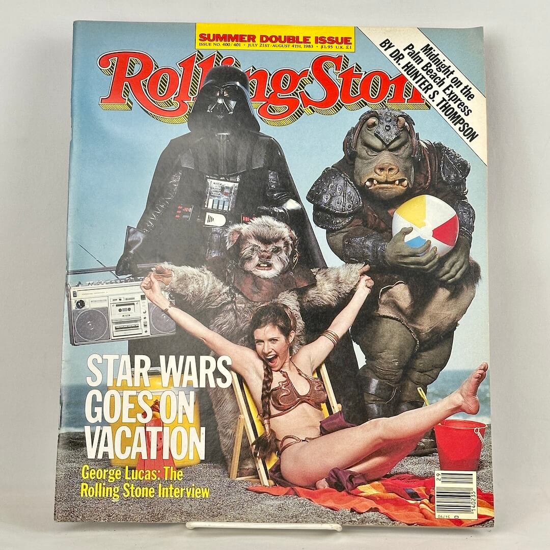 A vintage Rolling Stone magazine featuring a Star Wars beach-themed cover.