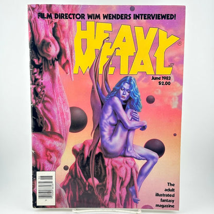 "Heavy Metal" magazine cover with purple woman with wings seated on ledge of pink formation. 